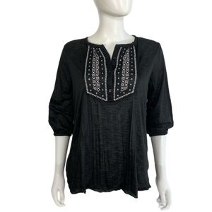 Faded Glory Black White Embroidered Boho Style Blouse